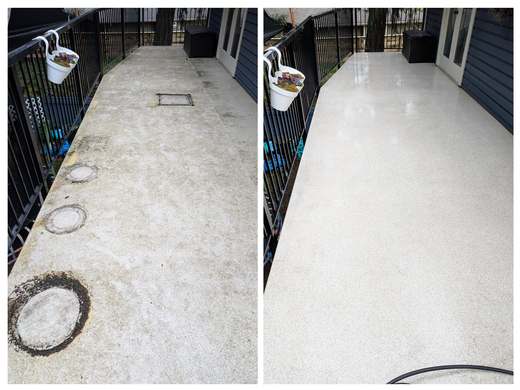 Deck floor before and after pressure washing