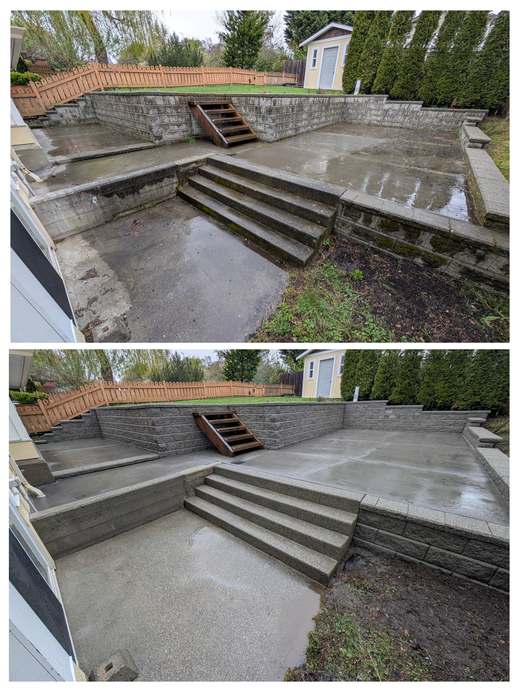 Patio and retaining wall before and after pressure washing