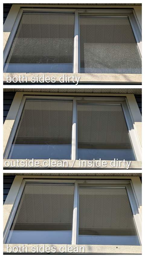Sliding window shown dirty on both sides, then cleaned outside only, then cleaned both sides