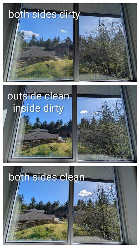 Interior corner windows shown dirty on both sides, then cleaned outside only, then cleaned both sides