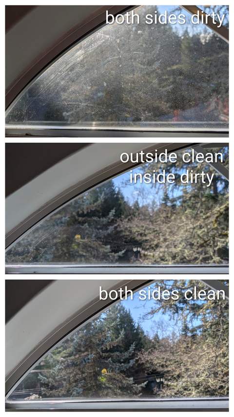 Triangular gable window shown dirty on both sides, then cleaned outside only, then cleaned both sides